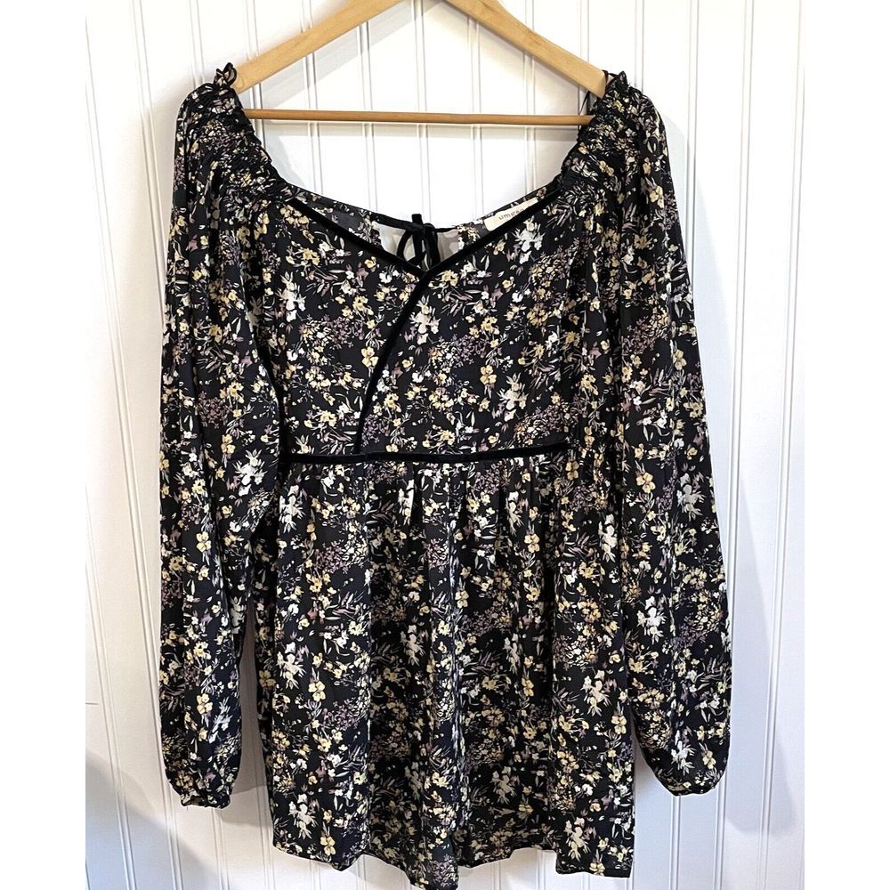 Umgee‎ Shirt Womens 2XL Black Floral Blouse Tunic Velvet Boho Fairy Cottagecore